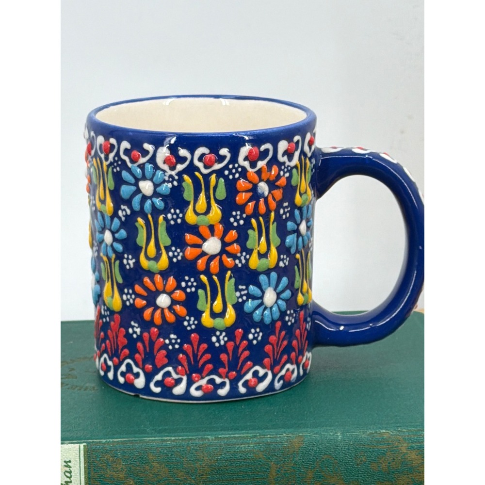 Myth Arts Handmade Turkish Ceramic Mug‎ Cobalt Blue Raised Floral Relief Turkey